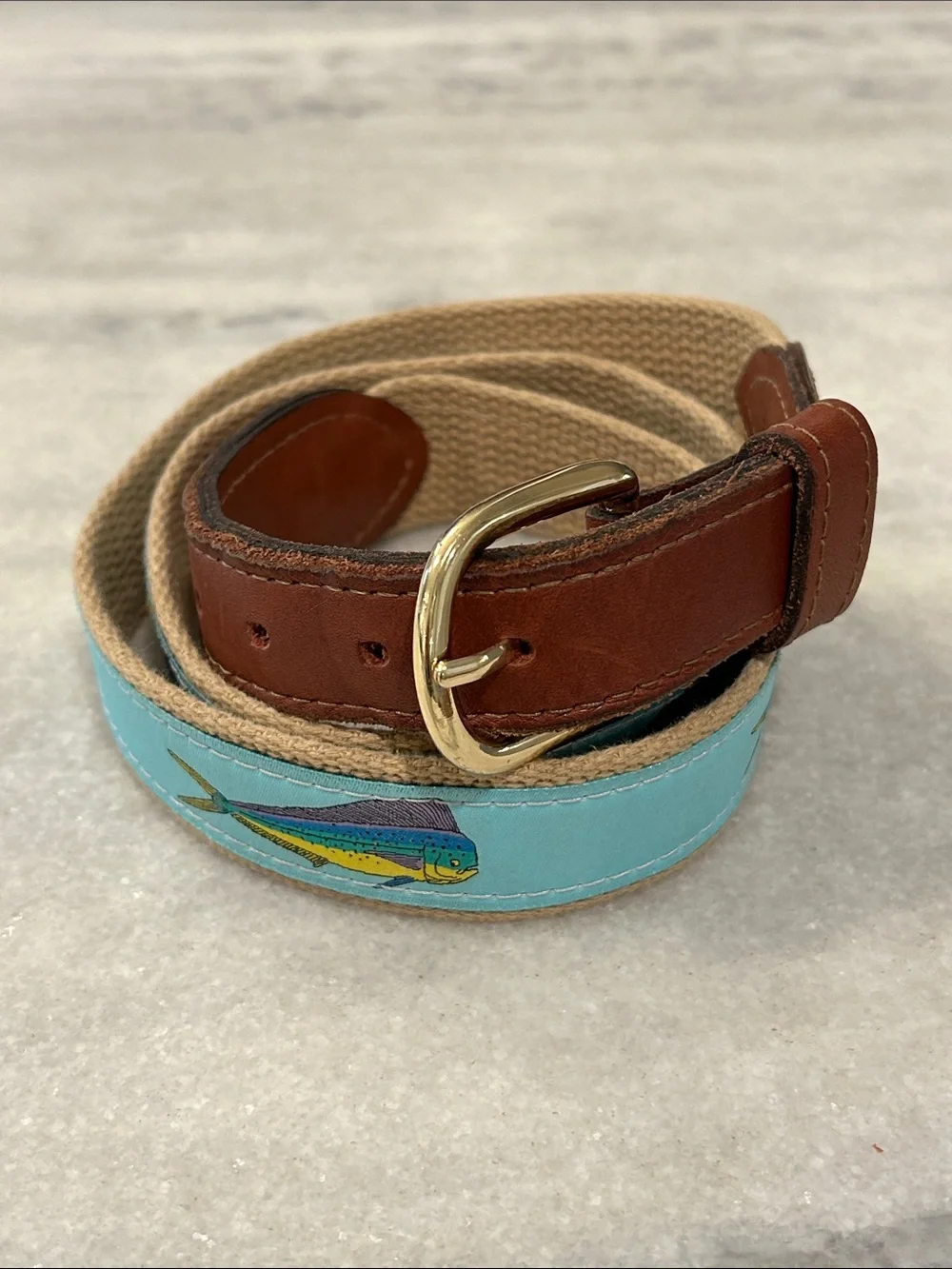 Leather and Canvas Mahi Mahi Embroidered Belt sz 38 Aqua Blue